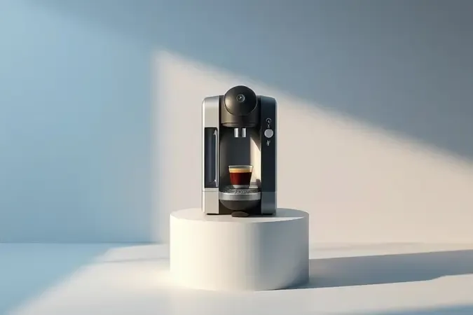Representação conceitual de cafeteira de cápsulas moderna em estúdio clean com reservatório de água, painel de controle e iluminação suave.