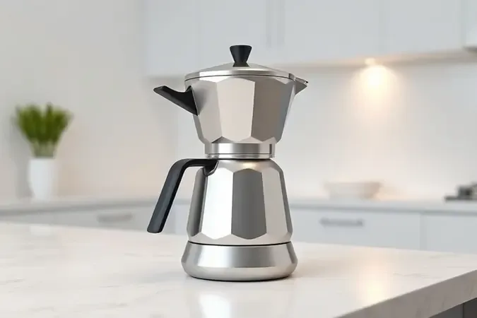 Cafeteira italiana de inox escovado sobre bancada de quartzo branco, cena minimalista com luz suave de estúdio.