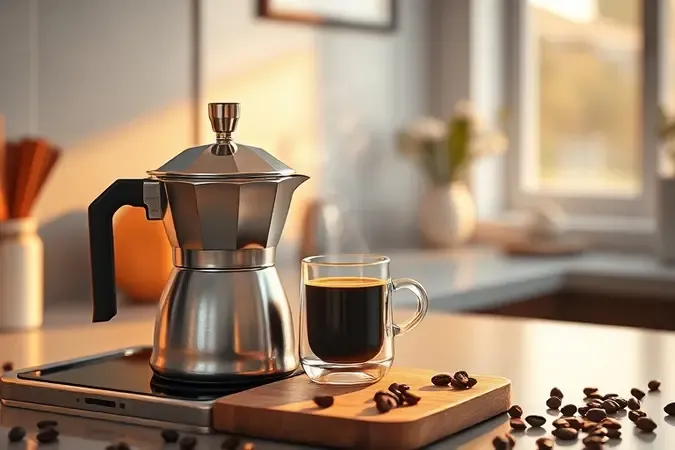 Cafeteira italiana em inox preparando café, vapor subindo e copo de vidro com crema, cena acolhedora de café da manhã.
