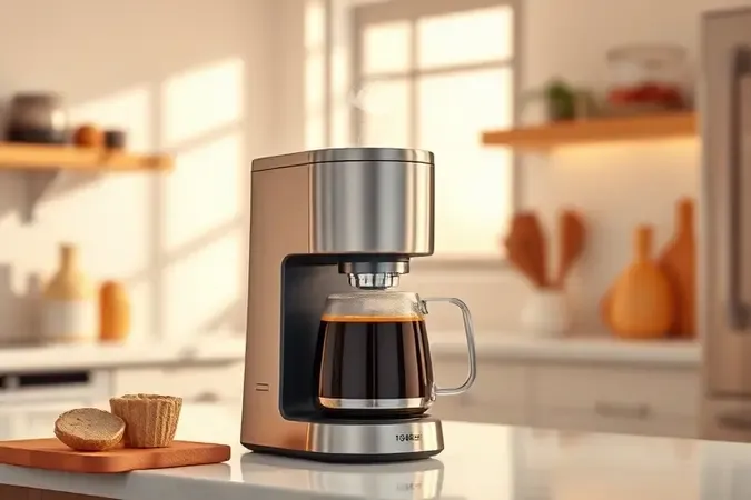 Cafeteira elétrica com jarra inox servindo café em xícara, cena conceitual aconchegante em render 3D premium com vapor suave