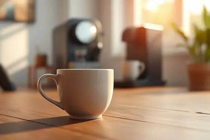 Cena conceitual de copo de café com vapor em mesa de madeira, com cafeteira moderna ao fundo, representando a experiência de uso diário.