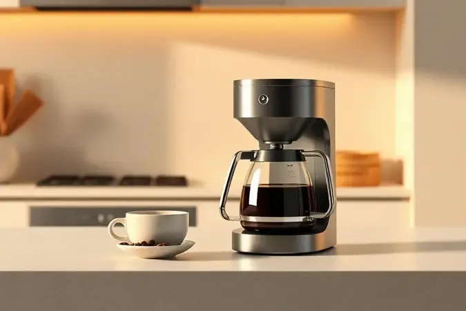Render 3D conceitual de cafeteira de filtro moderna sem marca sobre bancada limpa, com xícara e grãos de café.