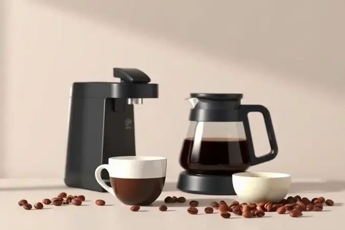 Estação de café moderna com xícara fumegante, jarra e cafeteira programável em bancada limpa, cena 3D conceitual de uso diário.