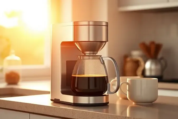Cafeteira elétrica programável em render 3D preparando café ao amanhecer, com caneca e luz dourada suave sobre a bancada