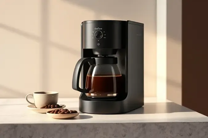 Cafeteira programável com jarra de vidro e grãos de café em bancada de pedra, cena conceitual 3D com luz suave e materiais realistas.