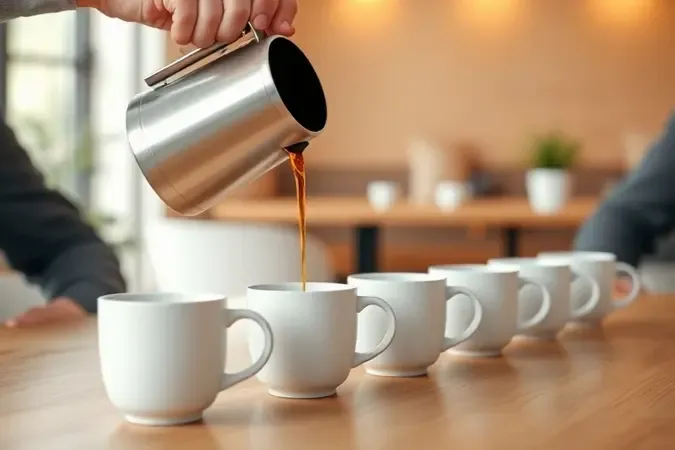 Render conceitual de cafeteira térmica servindo café para muitas xícars em encontro familiar caloroso e moderno