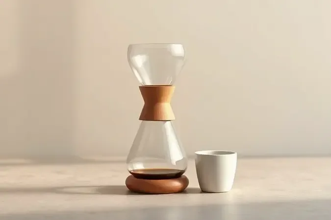 Cafeteira de vidro com colar de madeira em render 3D conceitual sobre superfíice de concreto limpa