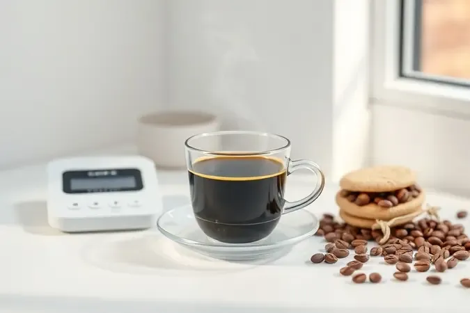 Xícara de café transparente ao lado de balança digital e grãos inteiros, representando o cálculo de custo por xícara