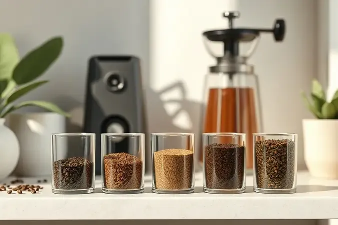 Diferentes granulometrias de moagem de café em potes de vidro em cena conceitual de calibração