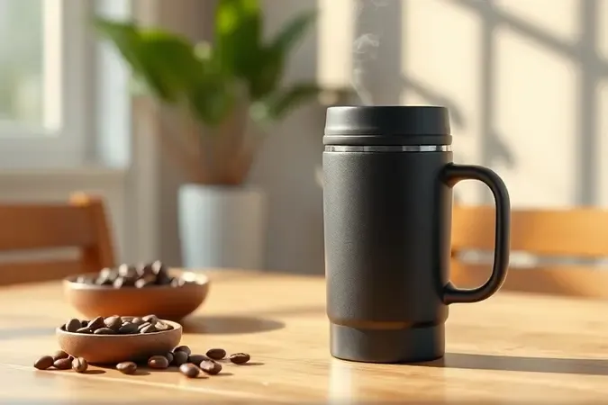 Caneca térmica com tampa fechada exalando vapor de café em ambiente acolhedor