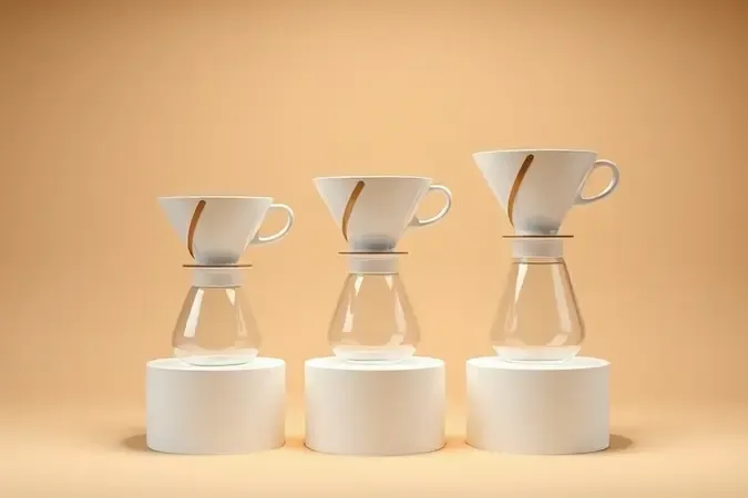Render 3D de três drippers de café coado de tamanhos diferentes em ordem crescente sobre pedestais brancos