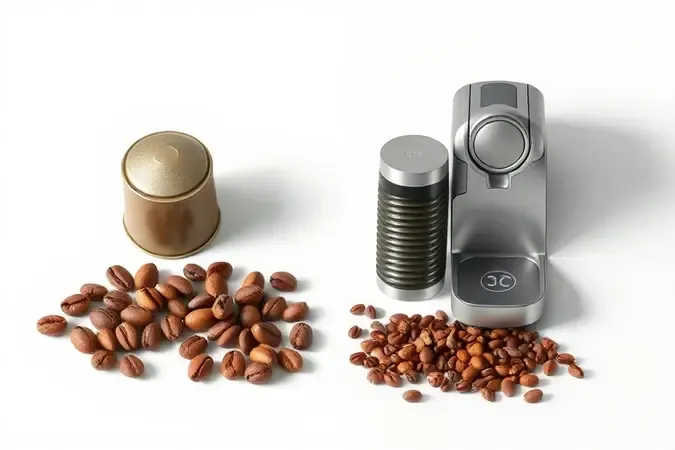 Comparação conceitual em render 3D entre cápsula de café e grãos inteiros ao lado de máquina superautomática sem marca