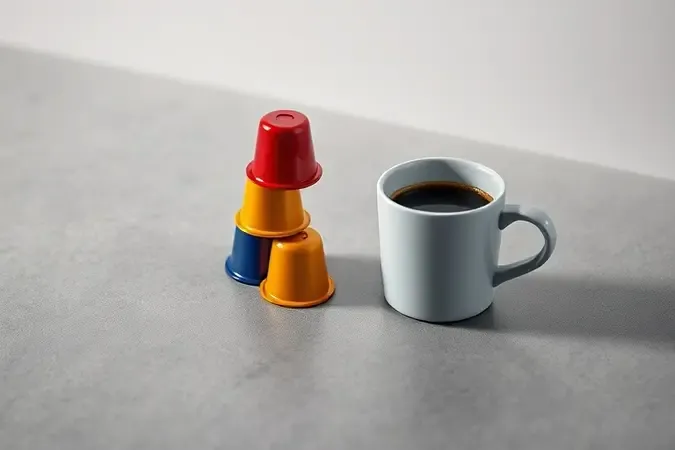Cápsulas de café coloridas organizadas ao lado de xícara de espresso sobre superfície de pedra fosca