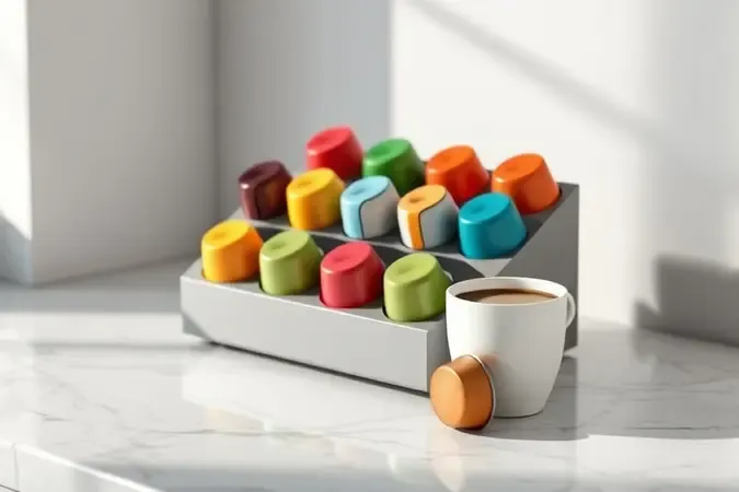 Cápsulas de café coloridas organizadas em suporte sobre mármore, com xícara de espresso, em render conceitual 3D.