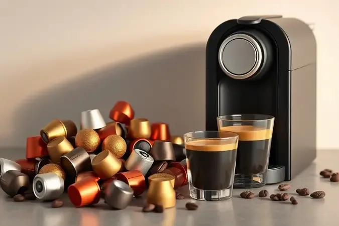 Cápsulas de café variadas ao lado de cafeteira moderna e xícaras em render 3D conceitual
