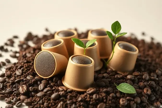 Cápsulas de café compostáveis sobre borra de café com broto verde em cenário sustentável