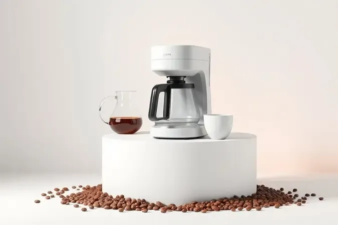Cafeteira moderna em render 3D conceitual sobre pedestal branco com jarra, xícara e grãos de café em composição minimalista e iluminação de estúdio.