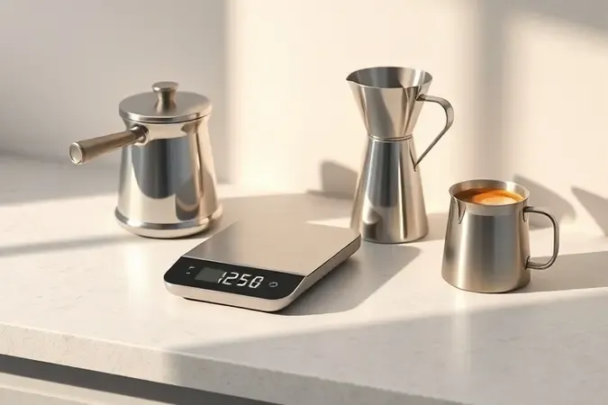 Balança de café eletrônica sobre bancada de pedra com porta-filtro, leiteira e espresso em cena sofisticada