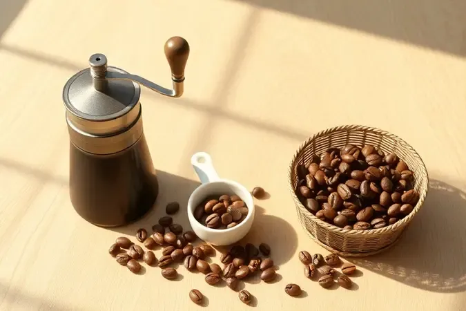 Cena conceitual de seleção de café gourmet com moedor, grãos inteiros e colher de cerâmica