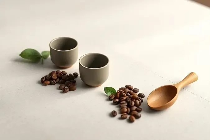 Xícaras de cerâmica para degustação de café orgânico com grãos e folha verde sobre mesa de pedra clara