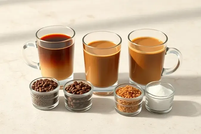 Comparação conceitual de xícaras de café solúvel em copos de vidro sobre superfície minimalista iluminada