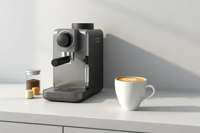 Café em cápsulas e grãos ao lado de uma cafeteira moderna para cappuccino, em cena conceitual
