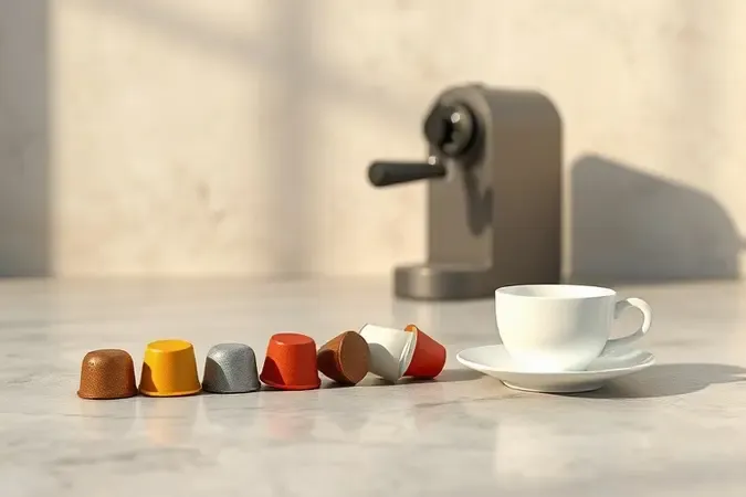 Cápsulas de café em tons neutros sobre superfície de pedra junto a cafeteira moderna em render conceitual para guia de escolha