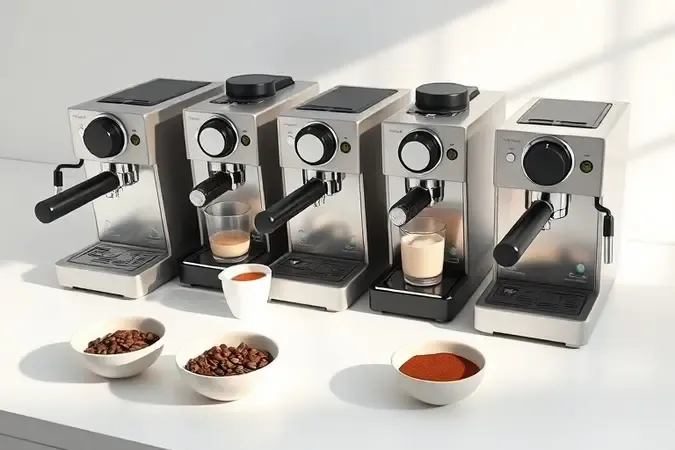 Modelos de cafeteiras para chocolate quente comparados em bancada minimalista e iluminada