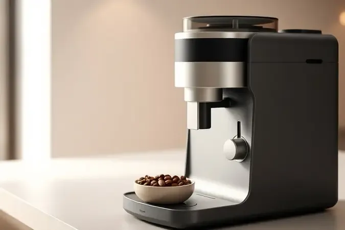 Cafeteira com moedor integrado em bancada minimalista com grãos de café e moagem fresca, iluminação suave e tons neutros