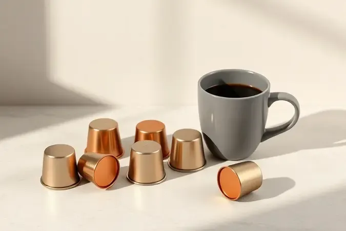 Cápsulas de café genéricas sobre superfície de pedra com xícara minimalista para degustação