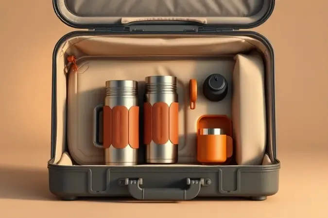 Conjunto conceitual de cafeteira portátil desmontada em estojo de viagem, com moedor e copo dobrável, em render 3D minimalista.