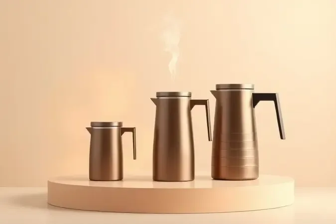 Garrafas térmicas conceituais em diferentes tamanhos sobre pódio minimalista com iluminação quente e suave vapor