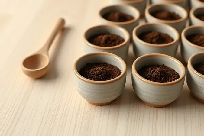 Seleção de café gourmet com tigelas de prova, café moído e colher de madeira em cena limpa