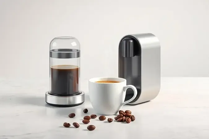 Render conceitual de cafeteira moderna com cápsulas e xícara branca sobre superfície de pedra, guia para escolha do modelo ideal