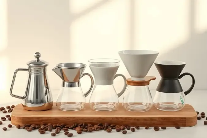 Coadores de café de diferentes materiais, como inox, vidro e cerâmica, em cena minimalista e elegante