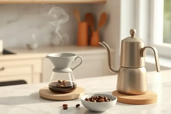 Preparo de café descafeinado com coador manual em cena 3D sofisticada.