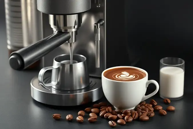 Preparo de chocolate quente e cappuccino com vapor de leite e ingredientes na bancada