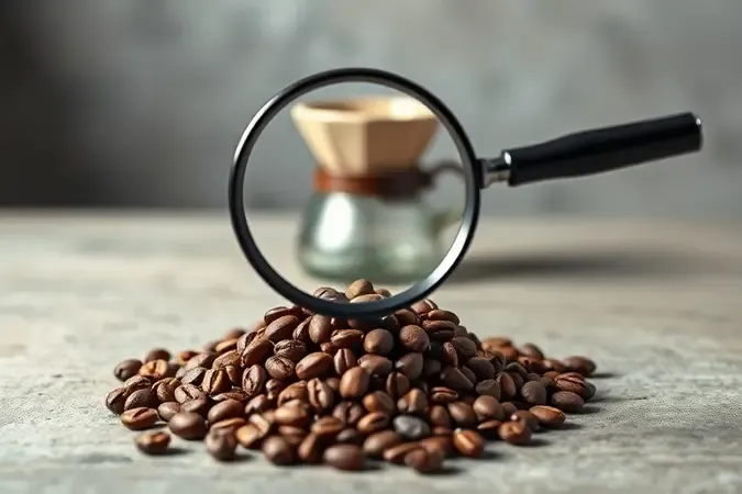 Lupa sobre grãos de café especial com métodos de preparo ao fundo em cena conceitual clean