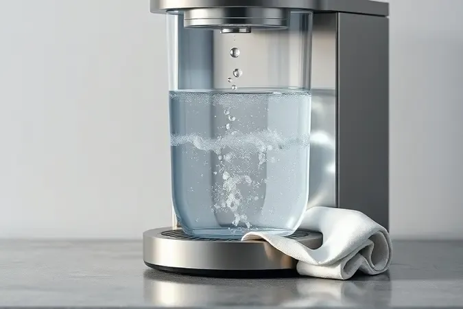 Render conceitual de cafeteira moderna com gotas de água e tanque transparente, simbolizando limpeza e descalcificação