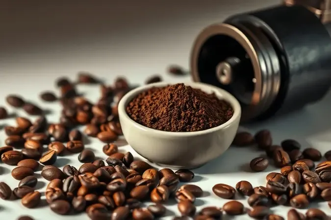 Pó de café fresco moído em tigela de cerâmica ao lado de grãos inteiros e moedor manual minimalista