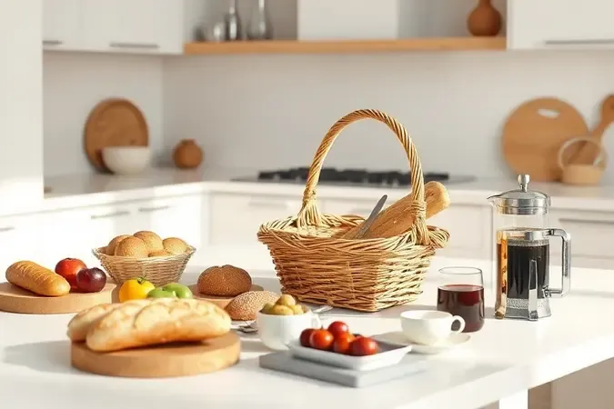 Montagem de cesta de café da manhã com pães, frutas e utensílios organizados sobre bancada de cozinha