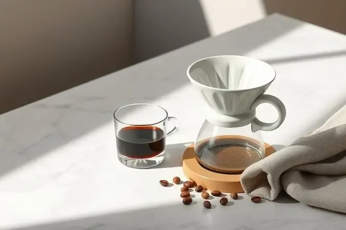 Método de teste de café com coador, xícara de vidro e grãos sobre superfície de mármore em cena conceitual.