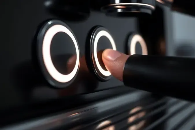 Render conceitual de painel de botões iluminados de cafeteira moderna com dedo pressionando um controle