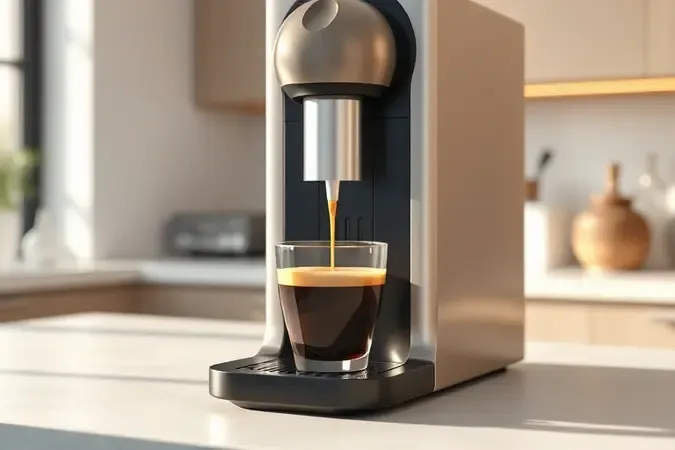 Cafég sendo servido pela máquina de cápsulas em uma xícara de vidro, com vapor e cozinha moderna em cena 3D.