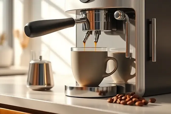 Ilustração conceitual 3D do preparo de café com cafeteira sem marca, xícara sendo servida, leite vaporizado e grãos sobre bancada limpa.