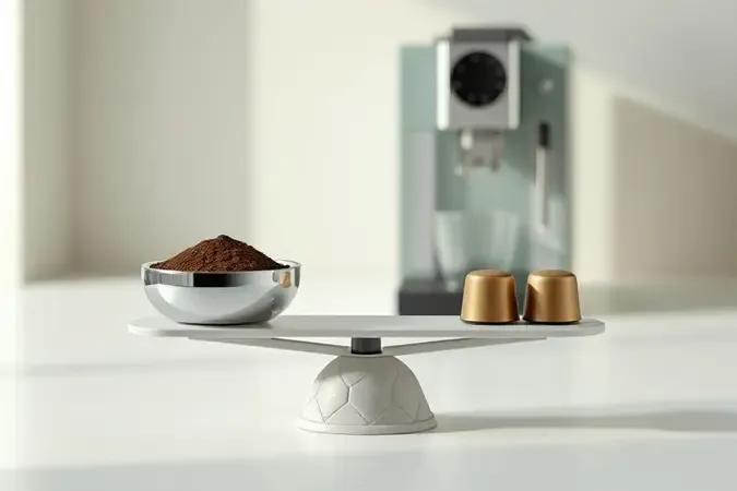 Comparação conceitual entre café em pó e cápsulas sobre balança minimalista com cafeteira ao fundo