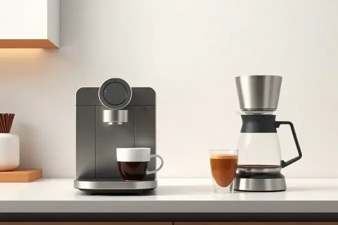 Comparação conceitual entre cafeteira de cápsula e cafeteira tradicional em cozinha moderna
