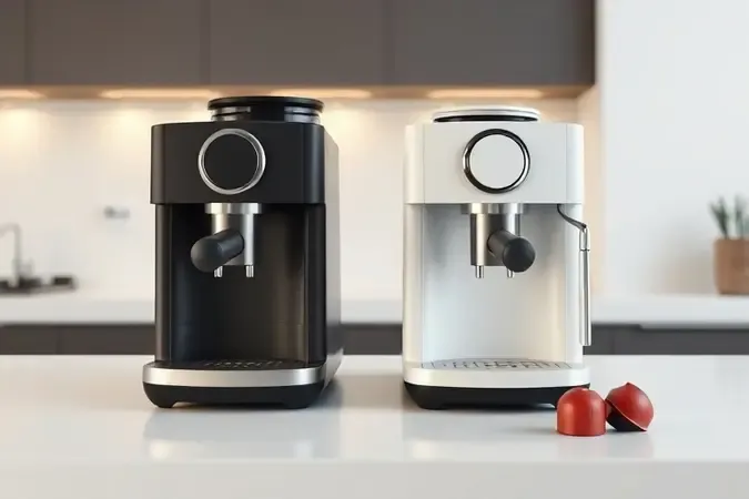 Duas cafeteiras minimalistas lado a lado em bancada branca com cápsulas, comparando modelos compactos de máquina de café