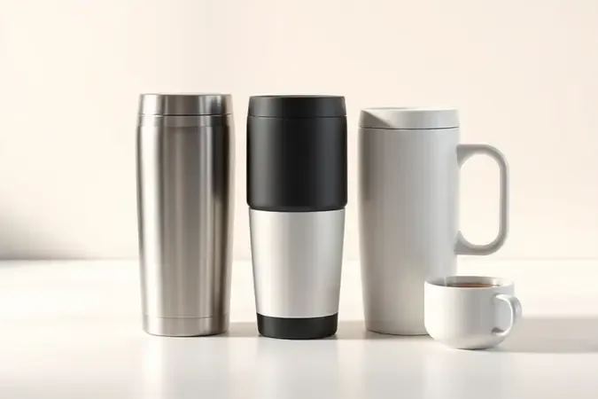 Canecas térmicas de diferentes materiais alinhadas em superfície limpa para comparar opções