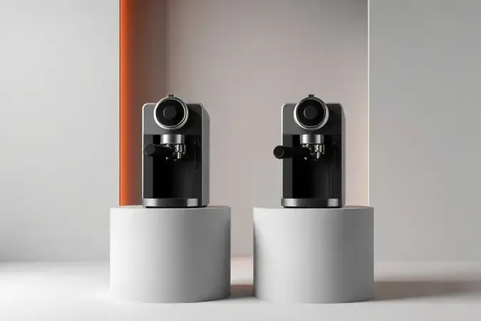 Comparação conceitual entre duas cafeteiras espresso em pedestais minimalistas com iluminação de estúdio suave